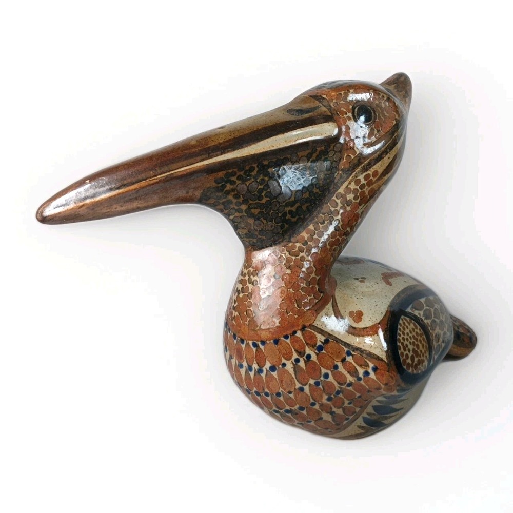 Vintage Large Tonala Pottery Pelican Bird Unique Midcentury Mexican Folk Art 10"